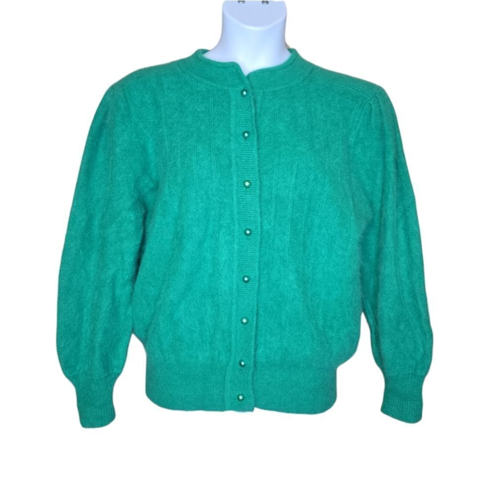 VINTAGE kelly green angora lambswool pearl button cardigan sweater M/L